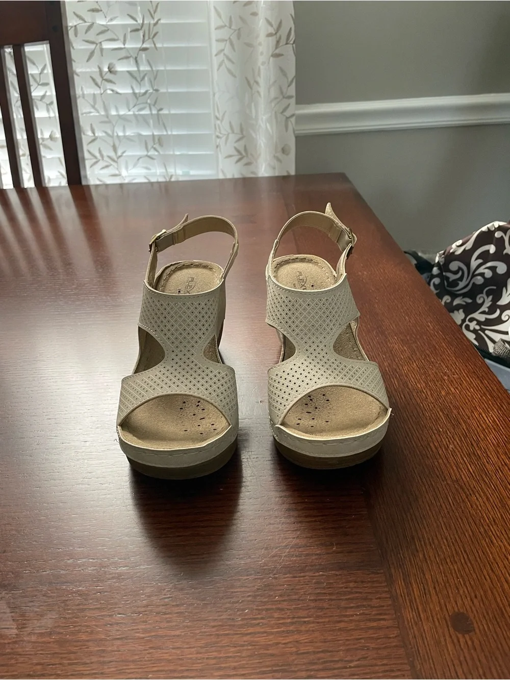 Neutral Perforated Wedge Sandals with Adjustable Ankle Strap